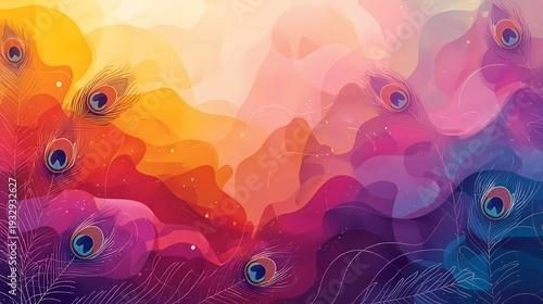 Artistic spiritual festival background with peacock feather motifs and luminous abstract colors