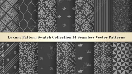 Luxury Silver & Gray Seamless Pattern Collection - Royal Damask and Geometric Backgrounds
