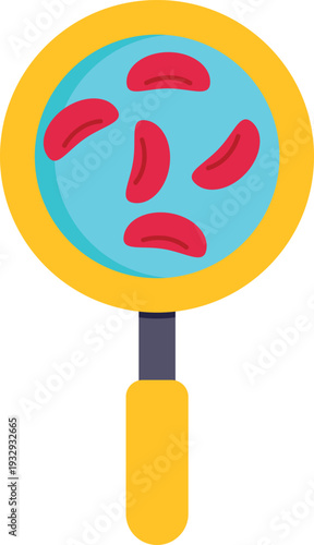 Magnifying glass showing abnormal red blood cells with a crescent shape