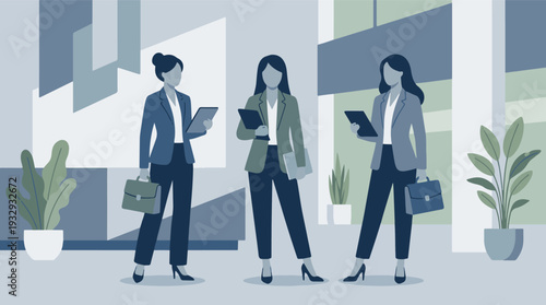 Professional women in business attire with tablets and briefcases