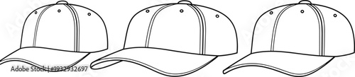 Baseball cap outline vector illustration set, blank snapback hat template collection, simple line art design isolated on white background