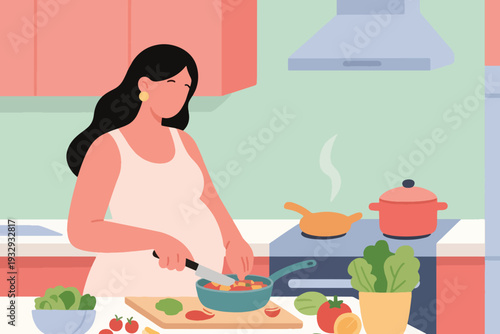 A Pregnant Woman Is Cooking In The Kitchen Illustration Creative Design Template 