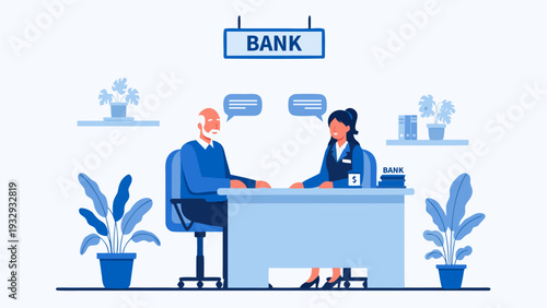 Vector Illustration of Bank Counter Conversation Between Man and Woman in Blue Professional Setting