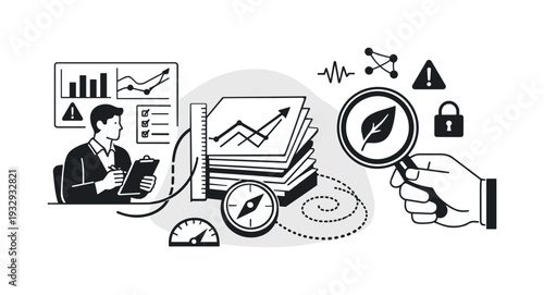 Modern minimal flat vector conceptual collage, crisp hard edges, consistent THIN outline stroke, rounded corners where needed,