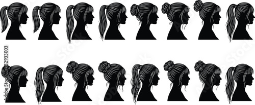 Black Silhouette Collection of Marathon Runners Urban City Skylines Fashionable Female Poses Walking Couples and Young Women Head Profiles for Design Projects