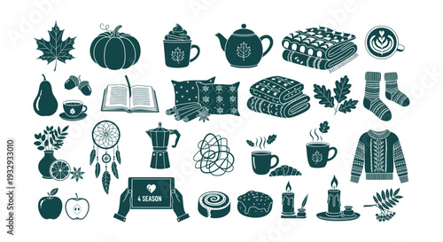 Cozy Autumn Fall Season Elements Collection Vector Illustration Warm Hygge Lifestyle Icons Set