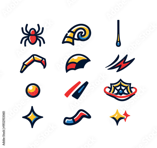 Two-Color vector icons of arachnids: spider outline, web curl, silk thread, leg segment, abdomen arc, contour flick, tiny bead,