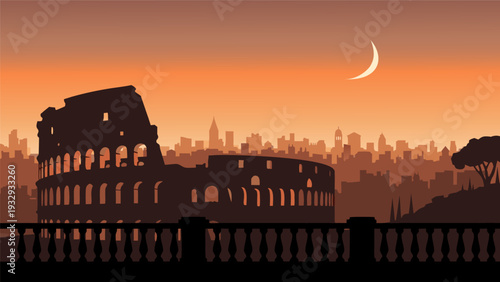Vector Illustration of the Colosseum at Sunset with City Skyline and Crescent Moon in Silhouette