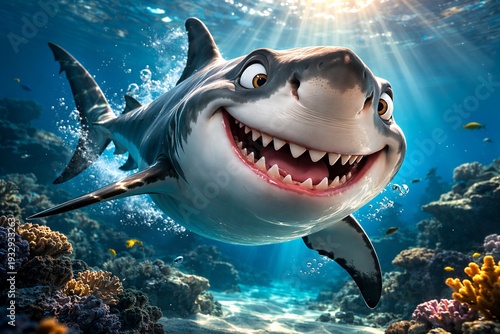 Funny cartoon shark grinning underwater with sun rays and colorful coral reef
