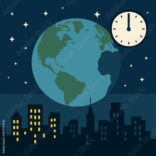 Earth Hour glowing planet with city skyline turning off lights to show starry night sky in solidarity