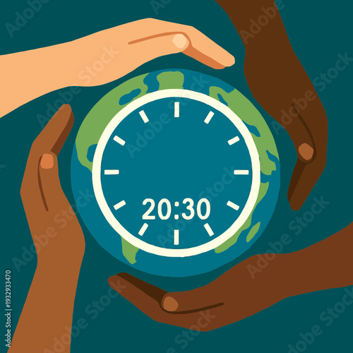 Diverse hands around Earth holding a large digital clock displaying 20:30 for Earth Hour moment