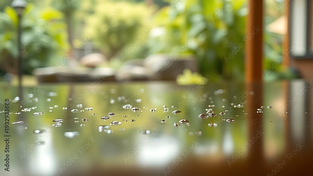 Fototapeta premium engawa. Morning dew on a smooth wooden engawa, reflecting a serene garden in soft light. travel magazines, destination branding, designed for outdoor magazines and nature guides.