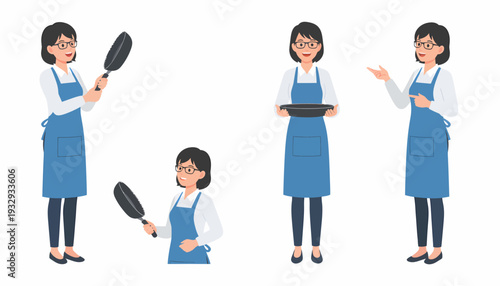 A woman in an apron and glasses holding a frying pan and a tray, demonstrating various cooking actions and poses.