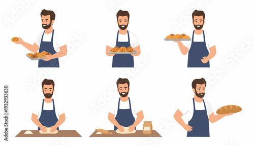 A collection of illustrations showing a male baker preparing and presenting various baked goods, including bread and pastries.
