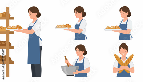 A set of illustrations depicting a female baker in various poses, including baking, serving, and holding bread.