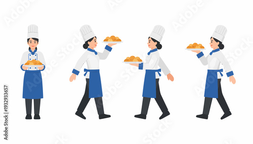 Four cartoon female chefs in uniform presenting and carrying plates of golden fried food.