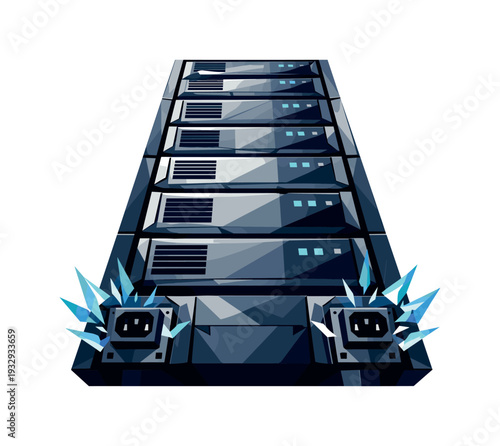 Tense Server Rack. Low-poly vector illustration of a server rack moments before a surge, quiet but tense scene with rigid