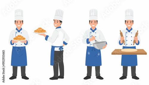Four cartoon male chefs in white uniforms and blue aprons, holding baked goods, mixing bowls, and rolling dough on a white background.