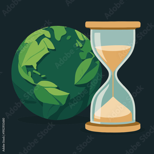 Earth globe made of many overlapping green leaves with a large 60 minutes hourglass beside it for Earth Hour