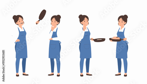Cartoon woman in blue apron cooking with a frying pan, showing different stages of meal preparation from thinking to serving.