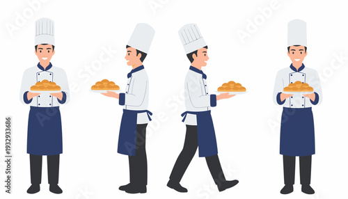 Four different poses of a smiling male chef in uniform holding a plate of golden pastries or bread rolls.