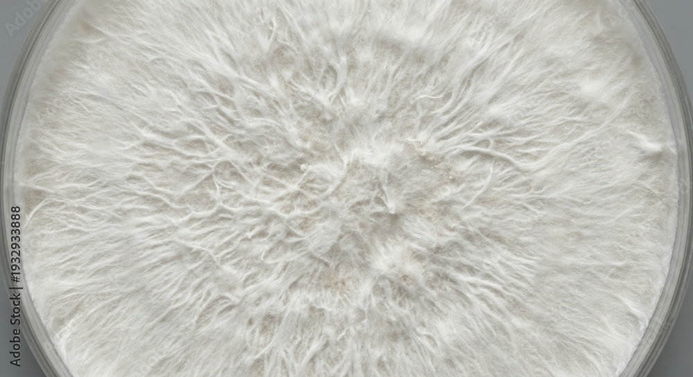 Fototapeta premium Abstract macro surface of white mycelium material with dense organic fiber texture, ideal for sustainable design, biotechnology and eco packaging background.