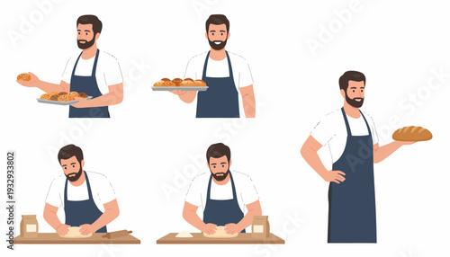 A bearded man in an apron baking bread and pastries, showing different stages from kneading dough to holding finished baked goods.