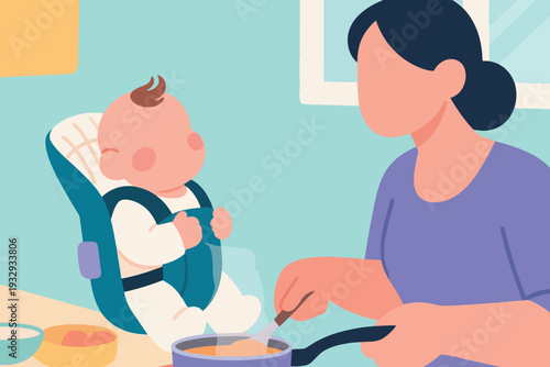 Vector Cartoon of a Mother Preparing Food Accompanied by Her Baby Illustration Creative Design Template 