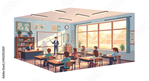 Classroom lesson with teacher and students, isometric view, education concept