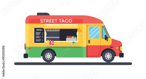 Modern flat vector illustration of street taco food truck serving customers at urban festival. Vibrant mobile street food business concept with chef window service, menu board and city lifestyle scene
