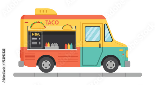 Modern flat vector illustration of street taco food truck serving customers at urban festival. Vibrant mobile street food business concept with chef window service, menu board and city lifestyle scene