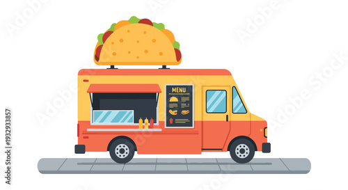 Modern flat vector illustration of street taco food truck serving customers at urban festival. Vibrant mobile street food business concept with chef window service, menu board and city lifestyle scene