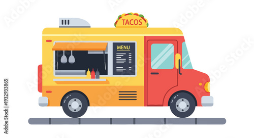 Modern flat vector illustration of street taco food truck serving customers at urban festival. Vibrant mobile street food business concept with chef window service, menu board and city lifestyle scene