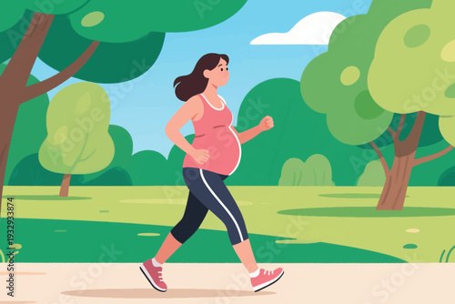 Pregnant Woman Jogging in the Park Vector Illustration Creative Design Template 