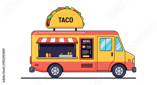 Modern flat vector illustration of street taco food truck serving customers at urban festival. Vibrant mobile street food business concept with chef window service, menu board and city lifestyle scene
