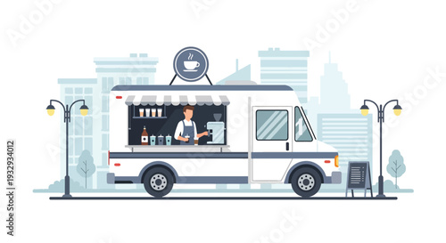 Modern flat vector illustration of coffee food truck serving takeaway espresso and pastry to customers in downtown street. Mobile cafe business concept with barista service window and urban lifestyle