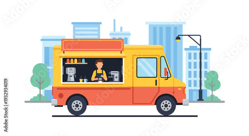Modern flat vector illustration of coffee food truck serving takeaway espresso and pastry to customers in downtown street. Mobile cafe business concept with barista service window and urban lifestyle