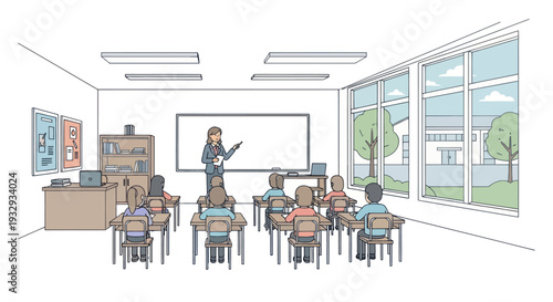 Teacher instructing students in a bright, modern classroom with large windows