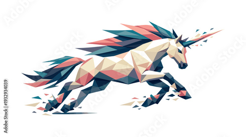 Galloping Geometric Unicorn. Low-poly vector illustration of a unicorn accelerating into a gallop, elongated angular stride with