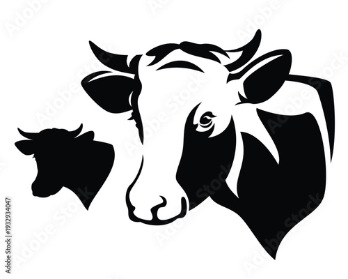cute milk cow head black and white vector portrait and silhouette - dairy product farm emblem design