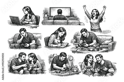 Vintage engraving style black and white vector illustration set of evening home relaxation activities with family and leisure moments.