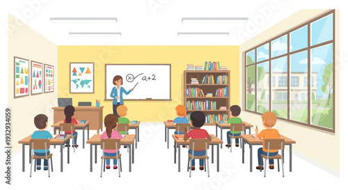 Teacher instructing diverse students in a bright, modern classroom with large windows.