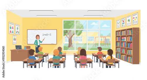 Diverse students learning in a bright, modern classroom with teacher at whiteboard