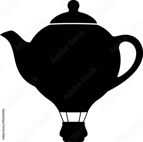 Creative black silhouette of teapot hot air balloon isolated on white background for whimsical design