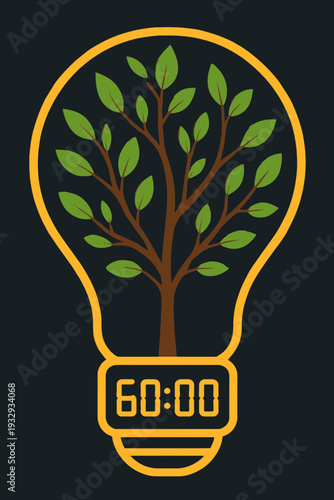 Tree growing inside light bulb shape with Earth Hour 60 minutes countdown timer integrated