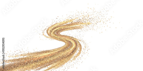 Abstract golden sand trail with swirling dust particles and dynamic motion isolated on white background vector illustration