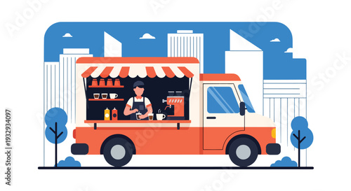 Modern flat vector illustration of coffee food truck serving takeaway espresso and pastry to customers in downtown street. Mobile cafe business concept with barista service window and urban lifestyle