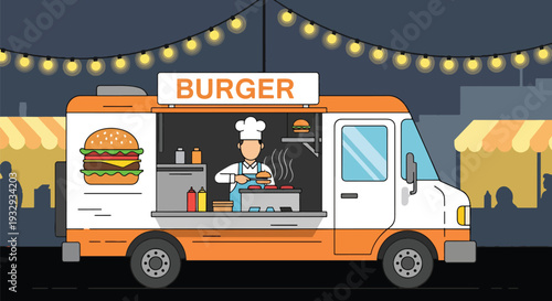 Modern flat vector illustration of burger food truck at night street market with chef grilling and customers waiting. Urban fast food mobile restaurant concept with lively evening outdoor dining scene
