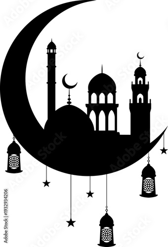 Muslim decor crescent with mosque and lantern