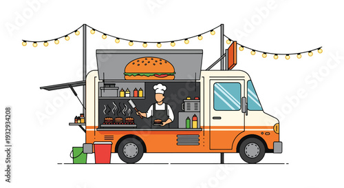 Modern flat vector illustration of burger food truck at night street market with chef grilling and customers waiting. Urban fast food mobile restaurant concept with lively evening outdoor dining scene